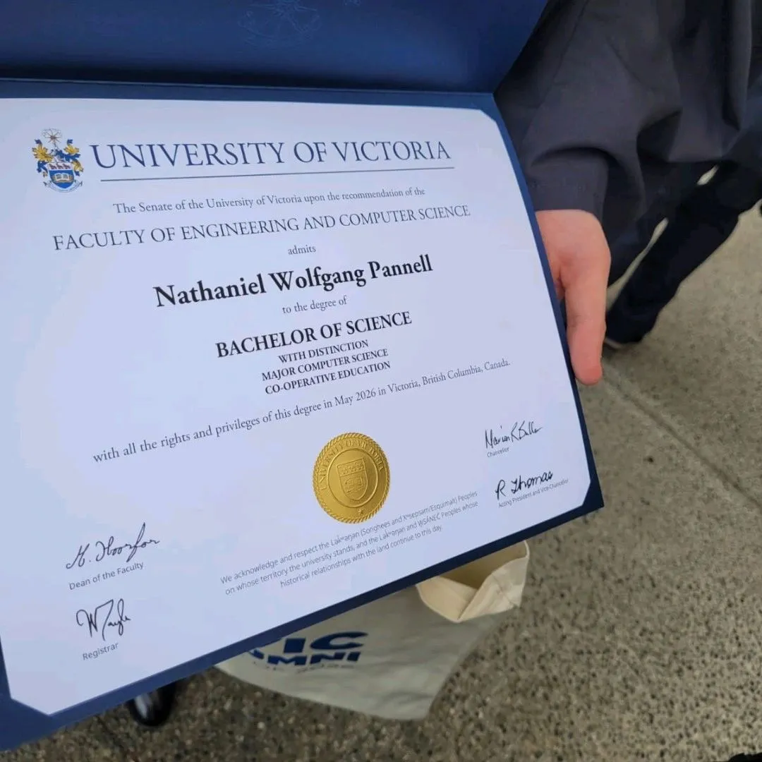 Nathan Pannell’s Bachelor of Science degree from the University of Victoria